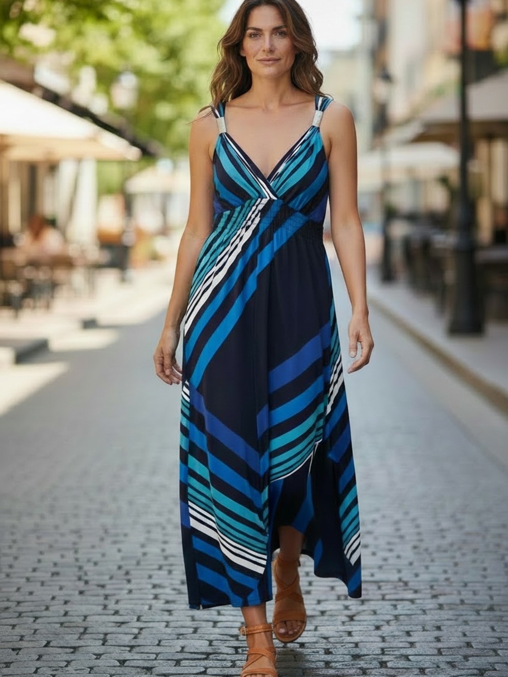 Chico's Blue and Teal Striped V-Neck Maxi Dress. Chicos Size 2